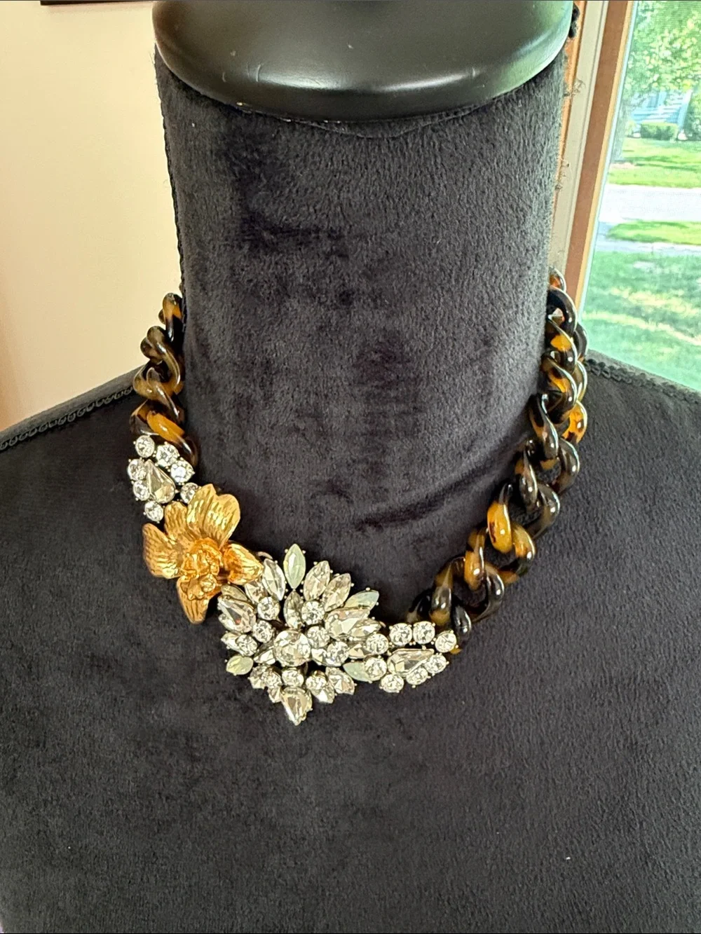J. Crew Tortoiseshell Link Necklace with Brass Flower/Clear Crystal Cluster, NWT